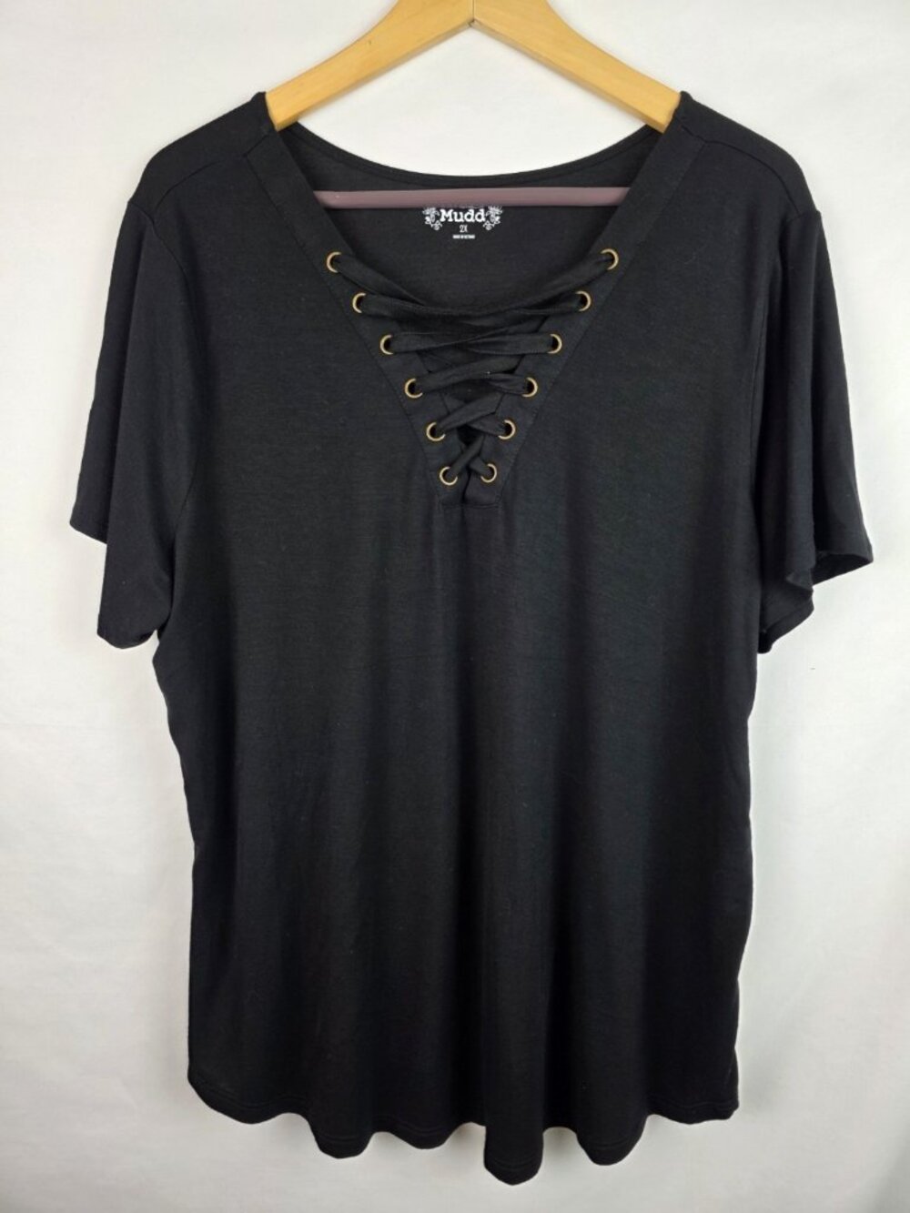 Mudd Womens Juniors Shirt Size 2X Black Lace Up Short Sleeve Rayon Top